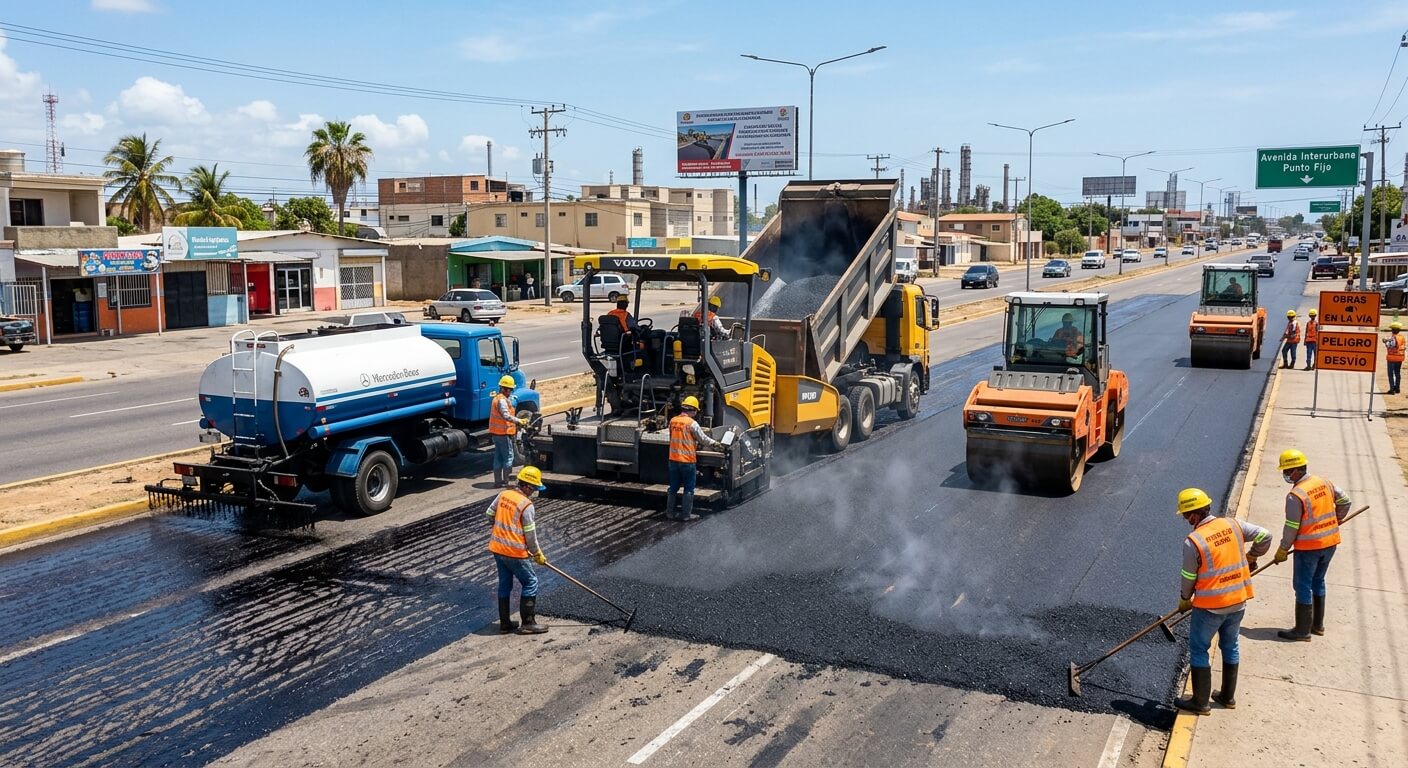 Maquinaria pesada realizando trabajos de asfaltado vial y pavimentación en Cumarebo