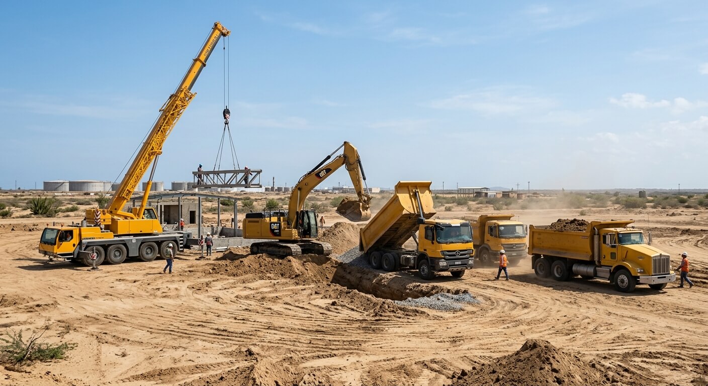 Flota de maquinaria pesada y grúas de construcción para proyectos industriales