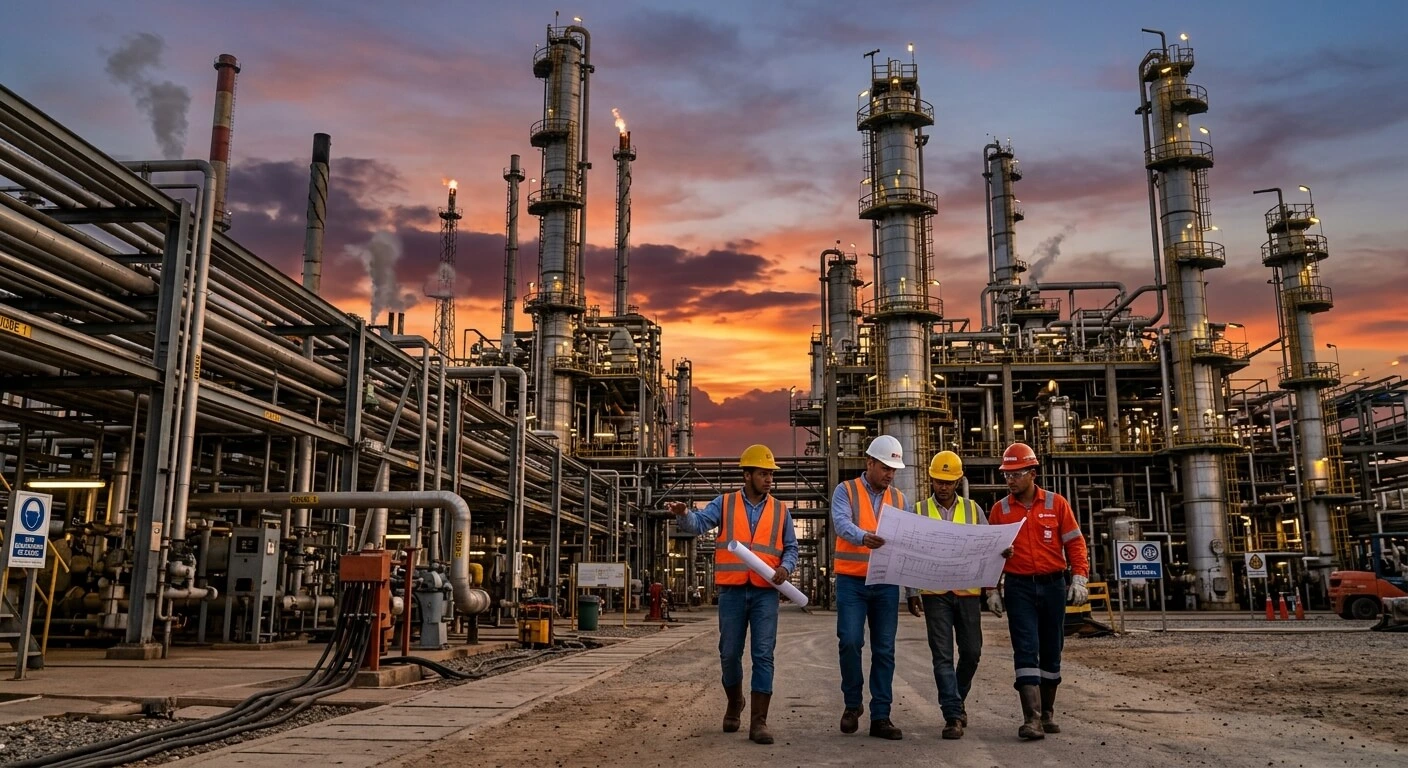 Vista panorámica de planta industrial y refinería para proyectos de ingeniería y construcción