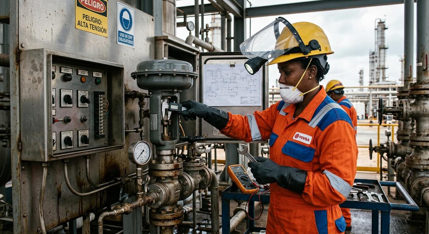 Técnico industrial con casco de seguridad realizando mantenimiento preventivo de plantas