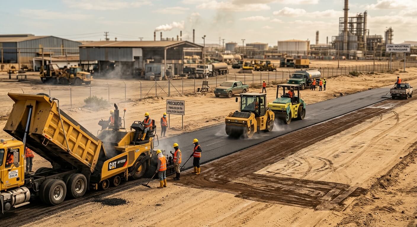 Proceso de pavimentación y colocación de capa de asfalto con maquinaria industrial