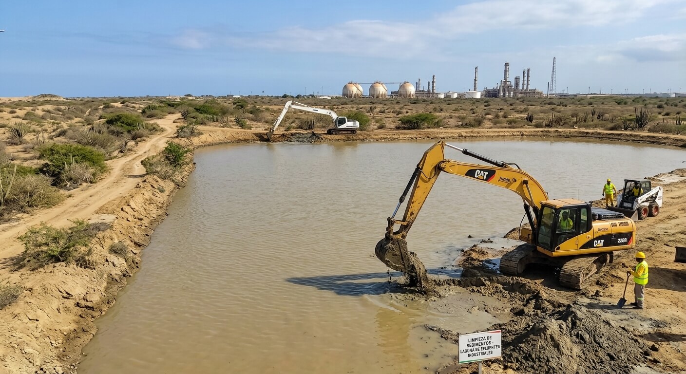 Excavadora hidráulica realizando trabajos de saneamiento y movimiento de tierra