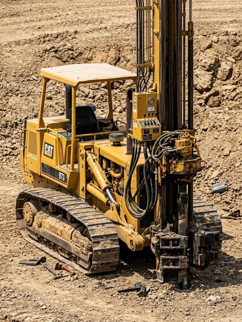 Tractor sobre orugas y maquinaria pesada operando en obra de construcción